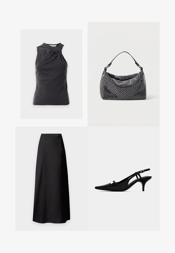Dark gray sleeveless top with a twisted design at the shoulder, made from smooth fabric with a fitted shape and clean hemline.; Black satin maxi skirt with a smooth texture, high-waisted design, flowing silhouette, and no visible patterns or hardware details.; Black pointed-toe slingback pump with low curved heel and small gold buckle on front strap and ankle strap.; Black and silver handbag with a woven, textured surface featuring square patterns, a single top handle, and a slouchy design.