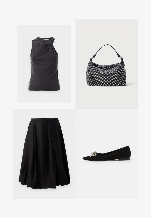 Top fără mâneci, de culoare gri închis, cu un design răsucit la umăr, realizat dintr-un material neted, cu o formă ajustată și o margine curată.; Fustă plisată neagră, confecționată dintr-un material texturat și ușor. Formă A-line, cu lungime până la jumătatea gambei și închidere cu fermoar pe lateral. Fără modele vizibile.; Pantof negri din suede, cu vârful ascuțit, decorat cu un detaliu de fundiță argintie pe partea din față, având un toc mic.; Geantă de mână neagră și argintie, cu o suprafață texturată împletită, având motive pătrate, o singură mânere superioară și un design lejer.