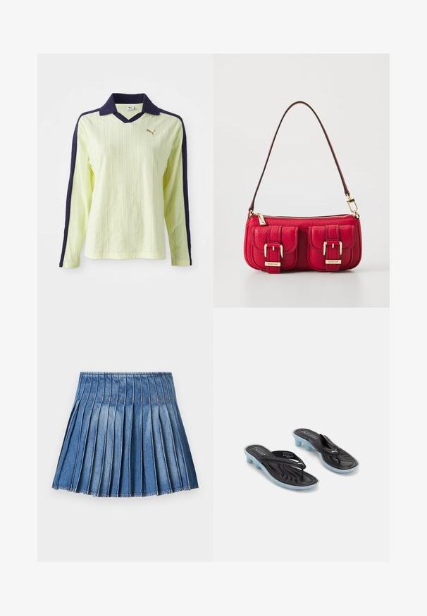 heled kollane pikad varrukad polo tume sinise krae ja varrukatega. Omab tekstuuri ribakujundust ja väikest kuldset logo rinna peal.; Teksaskanga pleeditud seelik, millel on istuv vöökoht, esitleb vertikaalseid pleateid keskmisest sinisest värvist ning kontrastset tikandi detaili.; Mustand ja sinised Puma sussid madalate kontsade ning sõrmuste rihmadega valge tausta peal.; Punane nahkplugin, millel on kaks esikotti, kuldne riistvara ja lukuga sulgemine. Omab kaarjat õlarihma ja tekstureeritud viimistlust.