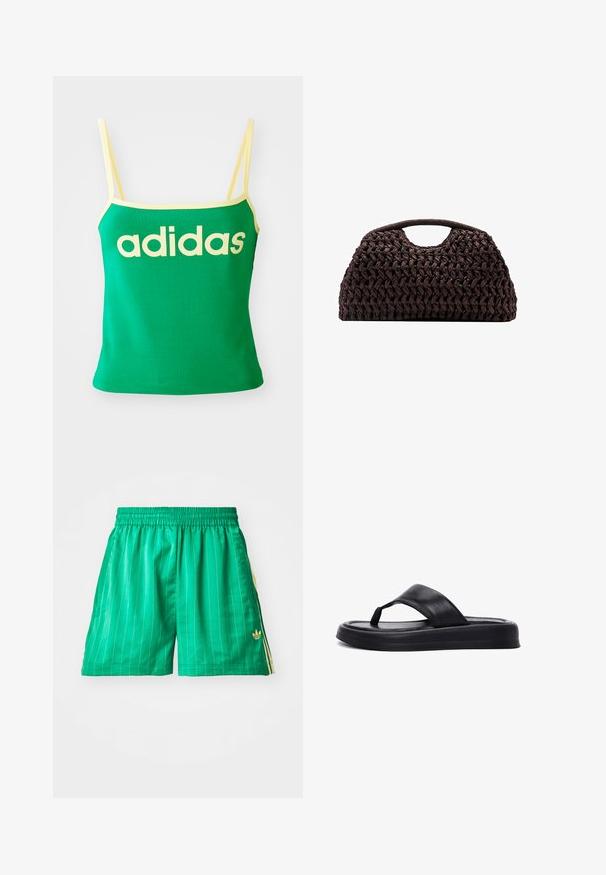 Green tank top with yellow accents, made of stretchy material. Features large yellow "adidas" logo across the front and thin straps.; Green sports shorts with white vertical stripes, elastic waistband, and yellow side accents. Features a small gold logo on the lower left.; Derimod T-bar sandals - black; Woven brown handbag with a rounded silhouette, featuring a top handle and textured surface. Compact design with a flat base for stability.