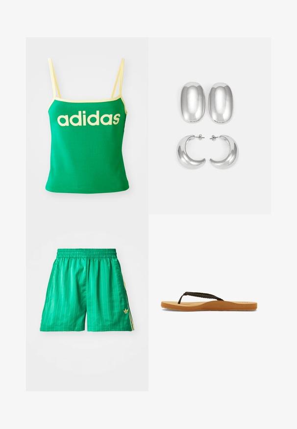 Zaļš tvertnes tops ar dzelteniem akcentiem, izgatavots no stiepjoša materiāla. Priekšpusē ir liels dzeltenais "adidas" logotips un plānas siksniņas.; Zaļi sporta šorti ar baltām vertikālām svītrām, elastīgu jostasvīru un dzelteniem sānu akcentiem. Ir neliels zelta logotips kreisajā apakšējā stūrī.; Brahāns pinums flip-flops ar mīkstu zolīti un brūnu kājām, ar noapaļotu dizainu un teksturētu gumijas zoli labākai saķerei.; Sudraba krāsas auskari: divi ovāli studu auskari un divi pusmēness formas gredzeni, ar gludu, spīdīgu apdari un noapaļotu dizainu.