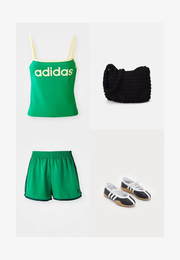 Žalias kaklaraištis su geltonais akcentais, pagamintas iš tamprių medžiagų. Ant priekio didelis geltonas "adidas" logotipas ir plonos petnešėlės.; Žalios sportinės šortai su lygiu paviršiumi, elastinga juosta ir tamsiai žaliais šonų akcentais. Žemiau krašto yra "Adidas" logotipas.; Juodos ir baltos sportinės bateliai su šiuolaikišku dizainu, guma padų, raištelių uždarymu ir trim baltom juostom šonuose.; Juodas audinio maišelis su tekstūruota, siuvinėta raštu. Apvalios formos, trumpi, stori rankenėlės ir minkšta, lanksti struktūra.