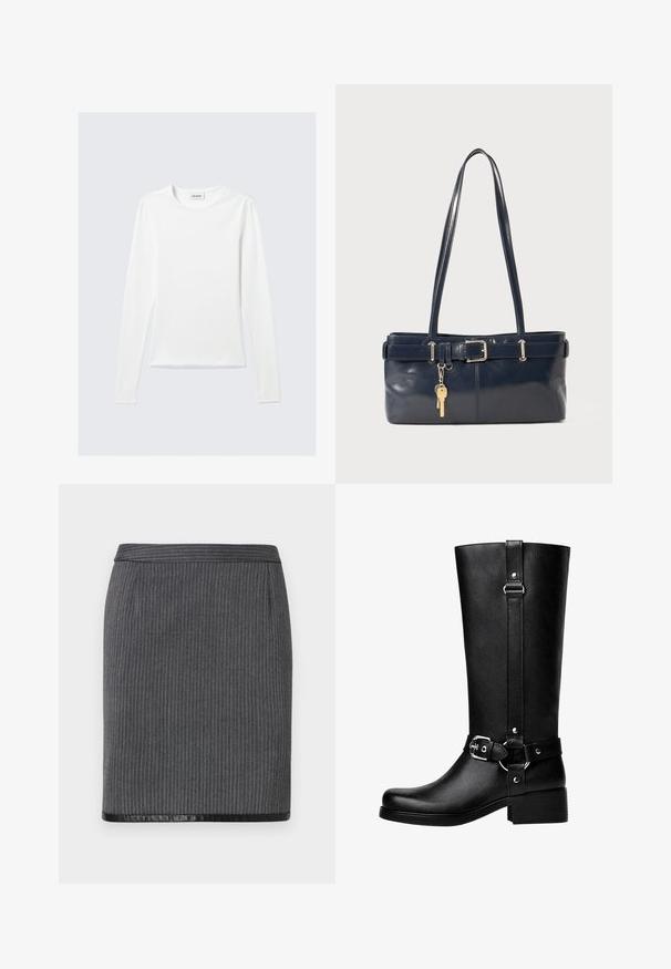 Bílá tričko s dlouhým rukávem a kulatým výstřihem se štítkem "WEEKDAY" na vnitřní straně límce, položené na světle šedém pozadí.; Šedá příčná tužková sukně s hladkým černým lemem. Má přiléhavý střih a standardní pás. Textura je tkaná a sofistikovaná.; Vysoké černé boty z umělé kůže s kulatou špičkou, detailem s přezkou na pásku a širokým podpatkem. Hladký povrch a vertikální šev na holeně.; Námořnická kožená kabelka s dvěma dlouhými uchy, detaily s přezkou a připevněným klíčenkou. Vyznačuje se hladkým povrchem a obdélníkovým tvarem.
