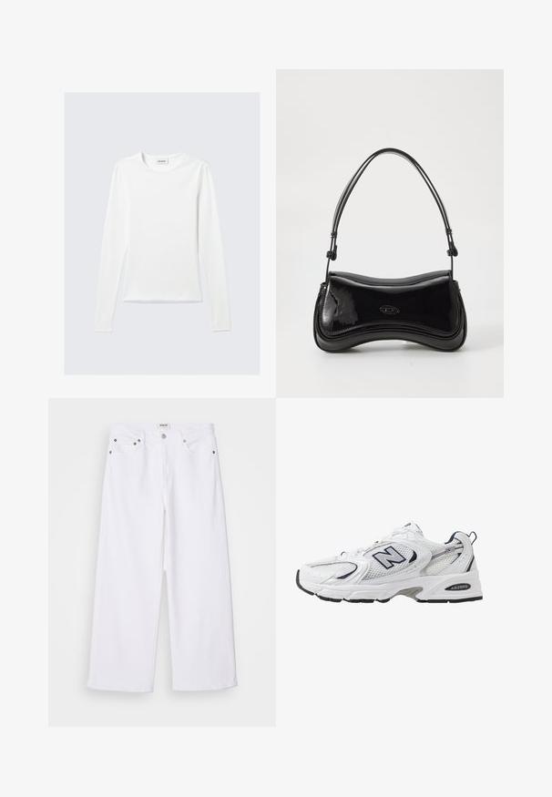T-shirt à manches longues de couleur blanche avec un label "WEEKDAY" à l'intérieur du col, posé à plat sur un fond gris clair.; Jean blanc à jambe large en denim, comportant un design à cinq poches, des garnitures en métal et une taille haute, avec une finition propre au niveau de l'ourlet.; B baskets blanches avec une tige en mesh, des accents bleu marine et une semelle rembourrée. Présente le logo "N", des lacets et un détail texturé sur le côté.; Sac à main en vernis noir avec une forme courbée, une poignée unique et un fond arrondi. Présente un détail de logo discret à l'avant.