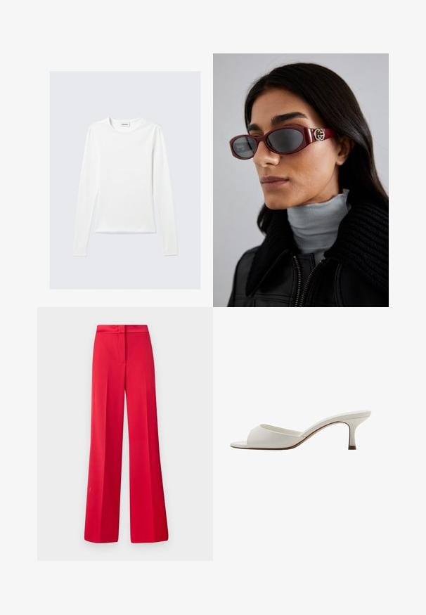 Langærmet hvid T-shirt med rund hals og "WEEKDAY" mærke på den indvendige krave, lagt fladt på en lys grå baggrund.; Røde brede bukser med en glat tekstur, en flad talje og et struktureret design, der har læg foran og en skræddersyet pasform.; Hvide åbne højhælede mules med en glat finish, minimalistisk design og en slank hæl, der har en subtil brun accent på sålen.; Røde plastiksolbriller med mørke linser, der har logoet sølvhardware på siden. Båret med en højhalset grå bluse og en sort jakke.; Zign LEATHER - Håndtasker - dark red