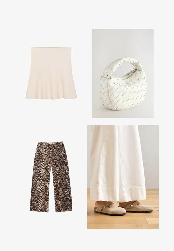 Rozkloszowana spódnica typu skater w kolorze kremowym, wykonana z miękkiego materiału. Posiada gładką strukturę oraz marszczony wykończenie na dole, co tworzy subtelny ruch.; Spodnie o szerokich nogawkach w wzór lamparta. Mają odcień brązu, beżu i czerni. Wykonane z miękkiego materiału o gładkiej fakturze.; Beżowe zamszowe klompy z zapięciem na klamrę i ćwiekami, noszone z białymi spodniami o szerokich nogawkach, ustawione na drewnianej podłodze.; Biała pleciona torba na ramię z okrągłym uchwytem, z zamknięciem na zamek błyskawiczny i miękką fakturą. Gładkie wykończenie i geometryczny wzór na powierzchni.