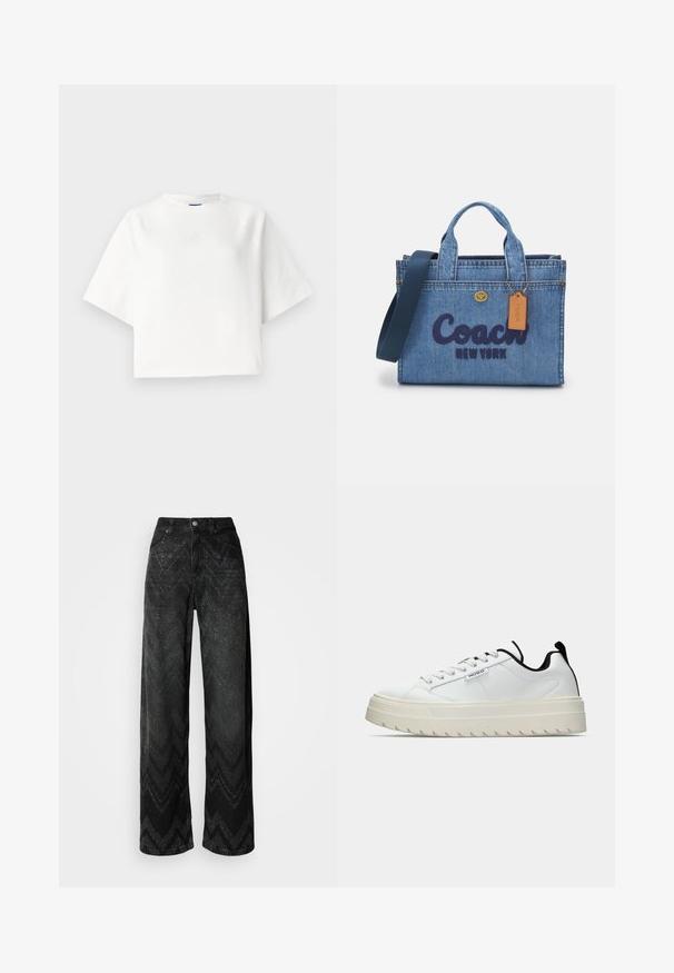 T-shirt blanche surdimensionnée avec des manches raglan courtes, fabriquée en tissu doux. Présente un logo discret sur la poitrine et un col rond.; Jean noir à jambes larges avec un motif en zigzag. Fabriqué en denim, il possède une fermeture à bouton et deux poches avant.; Baskets blanches en cuir avec une semelle épaisse et texturée au design dentelé. Des accents noirs sur le talon et la languette ajoutent du contraste.; Sac en denim avec poignées doubles et une bandoulière amovible bleu marine. Arbore "Coach New York" en lettres bleu marine et une étiquette en cuir.