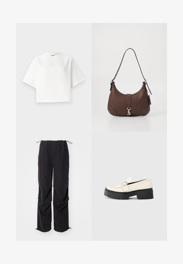 White oversized t-shirt with short raglan sleeves, made of soft fabric. Features a subtle logo on the chest and a round neckline.; HUGO HAFISA - Trousers - black; White leather loafer with a chunky black platform sole, featuring a rectangular silver buckle and visible stitching detail on the upper.; Brown leather handbag with a rounded shape, silver hardware, and decorative stitching. Features a shoulder strap and clasp closure.