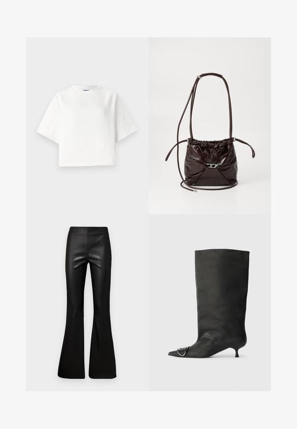 Balts pārāk liels t-krekls ar īsām raglanu piedurknēm, izgatavots no mīksta auduma. Iezīmēts ar smalku logotipu uz krūts un apaļu kakla izgriezumu.; Melni platām kājām bikses no gludas, spīdīgas materiāla. Augsta jostas izliekuma dizains ar pieguļošu augšējo daļu, kas paplašinās no ceļa.; Melnas ādas potīšu zābaki ar smailu purngalu, mazu papēdi un metāla akcentu uz purngala. Gluda, matēta virsma visā zābaku garumā.; Tumšbrūns, spīdīgs ādas plecu soma ar savilkta augšdaļa un plānu regulējamu siksniņu, kurai priekšā ir neliela sudraba krāsas sprādze.