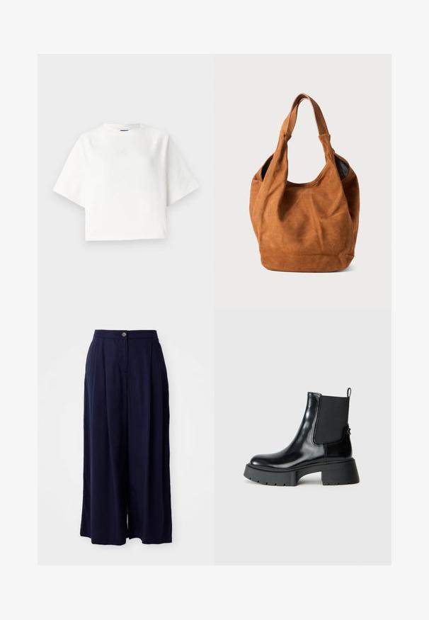 Fehér, túlméretezett póló, rövid raglánujjakkal, puha anyagból készült. Diszkrét logó található a mellkason és kerek nyakkivágás jellemzi.; Tengerészkék, széles lábú nadrág magas derékkal, elöl gombos záródással és pliszírozott részletekkel fehér háttérben.; Fekete bokacsizmák fényes bőrből, elasztikus oldalsó panelekkel, húzófüllel és vastag gumitalppal, ami texturált taposó mintával rendelkezik.; Barna velúr válltáska puha textúrával, ívelt formával és két füllel. Jellemzője a minimalista dizájn, amelyen nincsenek látható fémrészletek vagy díszítések.