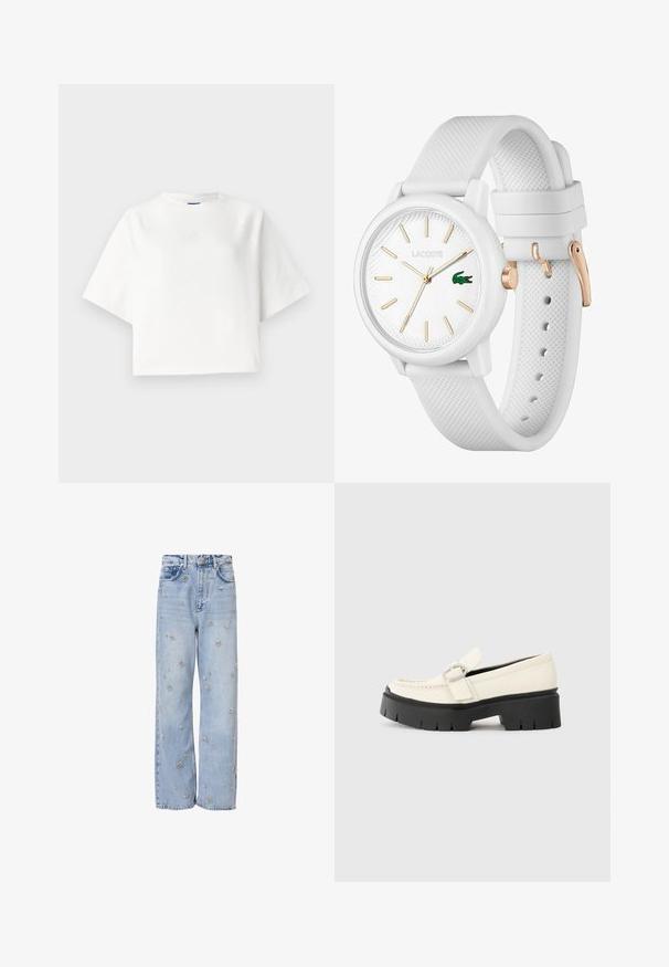 Weiße, übergroße T-Shirt mit kurzen Raglanärmeln aus weichem Stoff. Verfügt über ein dezentes Logo auf der Brust und einen runden Ausschnitt.; Hellblaue Jeans aus Denim mit lockerer Passform, verziert mit silberner Blumenstickerei und klassischem Fünf-Taschen-Design.; Weißer Lederloafer mit einer klobigen schwarzen Plateausohle, ausgestattet mit einer rechteckigen silbernen Schnalle und sichtbaren Nähten im Obermaterial.; Weißer Silikonarmband mit strukturiertem Band, runder Uhrfläche, goldenen Markierungen und einem grünen Lacoste-Logo.