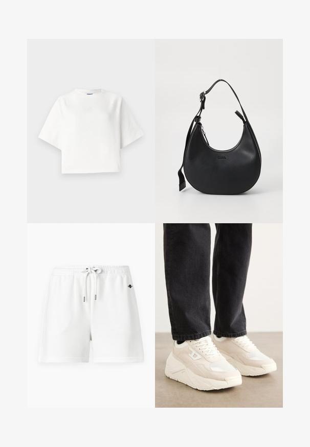 White oversized t-shirt with short raglan sleeves, made of soft fabric. Features a subtle logo on the chest and a round neckline.; White sweat shorts with an elastic waistband and drawstring. Soft cotton material, featuring minimal stitching and a small logo.; Beige sneakers with a textured fabric upper and white rubber sole. Features a minimalistic design and subtle logo detail on the side.; Black leather shoulder bag with a curved shape, zip closure, and adjustable strap. Features embossed brand logo on the front.