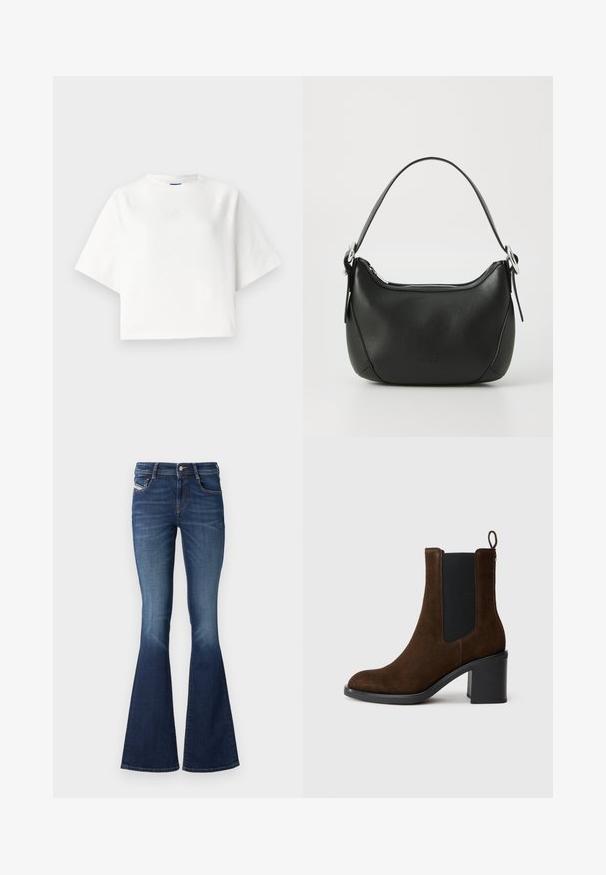 Bela oversize majica s kratkimi raglan rokavi, narejena iz mehkega materiala. Ima subtilen logotip na prsih in okroglo ovratnico.; Temno pranje zvonaste hlače z zmerno visokim pasom, ki vključujejo klasično pet-pocket zasnovo in subtilno bledenje na stegnih.; Brahke čevlji iz sued kože do gležnjev z zaobljenim nosom, elastičnim stranskim vložkom in blokastim peto. Imajo zanko na hrbtni strani za enostavno obuvanje.; Črna usnjena torbica s curved obliko, srebrnim zadrgo in kratkim ročajem. Na sprednji strani se nahaja subtilen logotip in gladka tekstura.