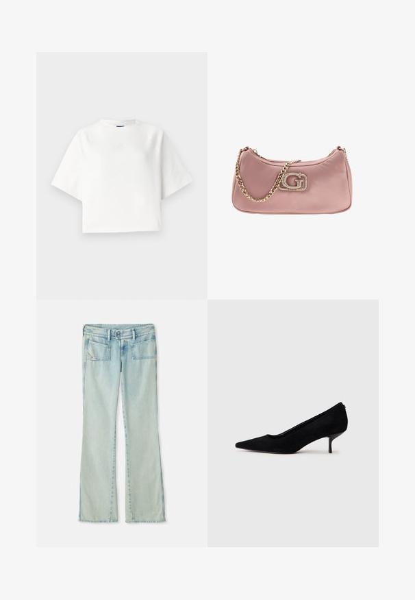 Balta per didelė T-marškiniai su trumpomis raglano rankovėmis, pagaminti iš minkštos medžiagos. Yra subtilus logotipas ant krūtinės ir apvalus iškirpimas.; Šviesiai mėlyni džinsai, pagaminti iš džinsinio audinio, su tiesių kojų dizainu, dviem priekiniu kišenėm ir dviem galinėm kišenėm. Išplovusio tekstūros visame paviršiuje.; Juodas zomšinis aukštakulnis batus su smailiu kojų pirštu ir plonu, žemu kulnu. Lygi tekstūra su elegantišku dizainu, be matomų metalinių detalių.; Rožinė satino rankinė su auksiniu grandinės dirželiu ir ryškiu kristalais išpuoštu logotipu priekyje. Lygi tekstūra ir apvali forma.