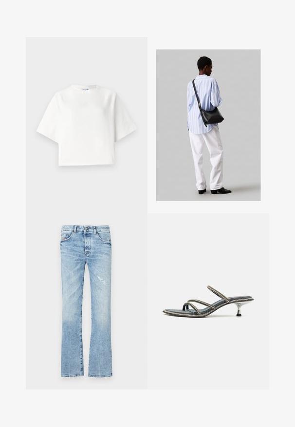 Valge ülemõõduline t-särk lühikeste raglansärklitega, valmistatud pehmest kangast. Omab diskreetset logo rinnal ja ümmargust kaelust.; Heledad sinine laienev püksid denimist. Omavad pleegitatud pesu, rebendiplaastrit, viit taskut ja nööp-kinnitus vöökohal.; Denim sandaalid kolme õhukese rihmaga, mis on kaunistatud kristallidega, terav nina ja metalne, stilettokujuline konts. Libisemisvastane põhi.; Must have mustras alasi nahkpatsi, pehme tekstuuriga, kolmnurkse kujuga ja reguleeritava rihmaga, koos helesinise triibulise särgi ja valgete pükstega.