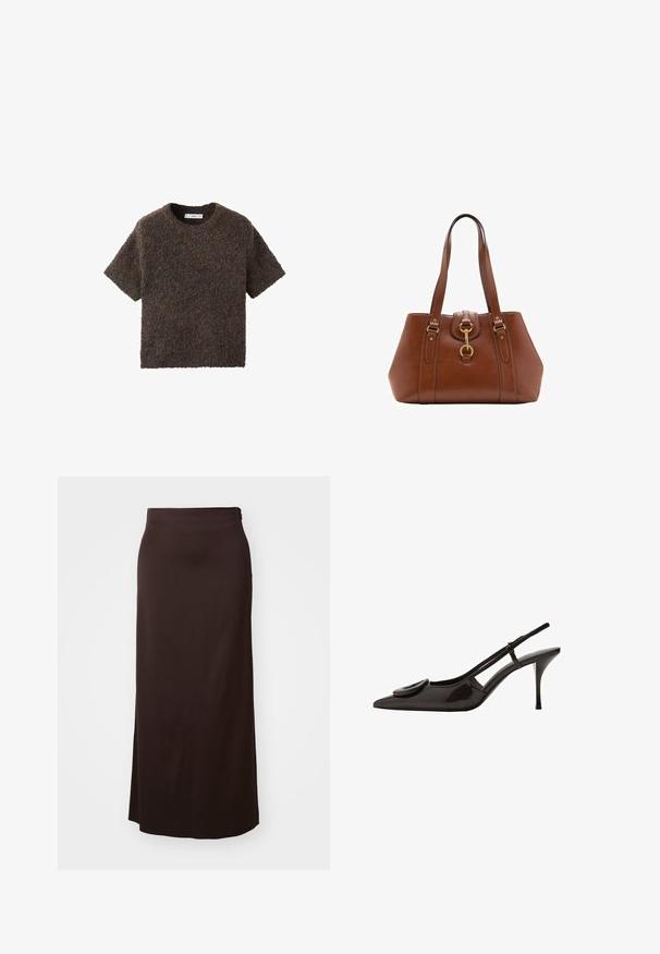 Top a maniche corte, con scollo rotondo, realizzato in un materiale soffice e textures. Il colore è marrone scuro con leggere variazioni. Design semplice e dritto.; Lunga gonna nera realizzata in tessuto morbido. Presenta un design dritto con uno spacco laterale per facilitare i movimenti e un sottile dettaglio in vita.; Scarpa slingback in pelle verniciata nera con punta appuntita, design minimalista, piccolo dettaglio rotondo sulla tomaia e tacco sottile.; Borsa a tracolla in pelle marrone con doppie cinghie, forma arrotondata, accessori in oro e un dettaglio con fibbia centrale. Texture liscia con rifiniture cucite.