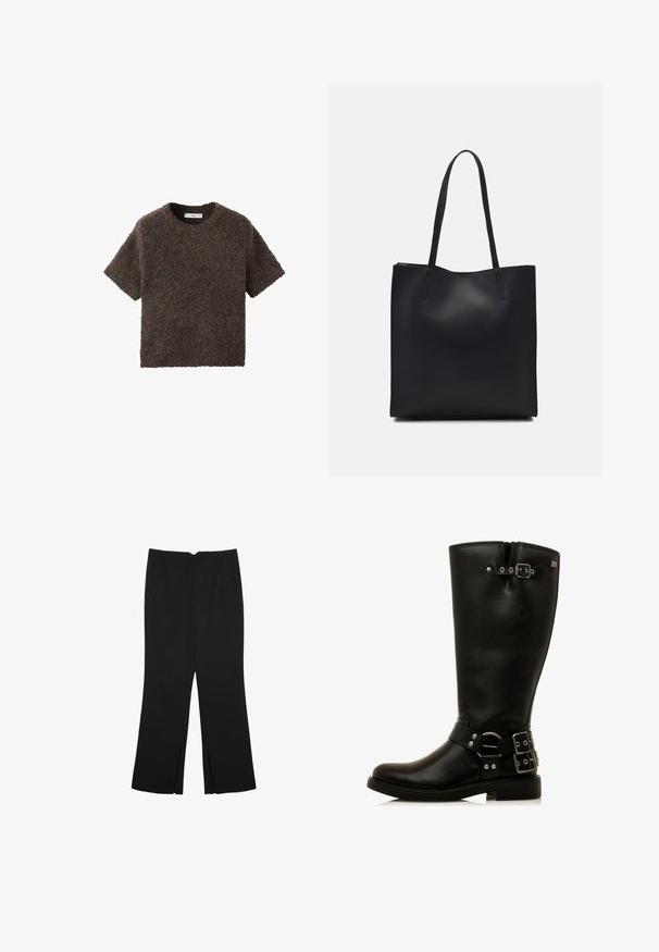Kurzärmliges, Rundhalsoberteil aus einem flauschigen, strukturierten Material. Farbe ist dunkelbraun mit subtilen Variationen. Einfaches, gerade geschnittenes Design.; Schwarze Hose mit geradem Schnitt, ausgestattet mit Fronttaschen und Seitenschlitzen am Saum. Hergestellt aus weichem, glattem Stoff. Geeignet für verschiedene Anlässe.; Schwarze kniehohe Lederstiefel mit runder Zehenform, Schnallenakzenten und einem Metallring-Detail. Sie verfügen über eine glatte Textur und eine robuste Sohle.; Schwarze Laptoptasche aus Leder mit glatter Textur, rechteckiger Form und zwei langen Griffen. Keine sichtbaren Beschläge oder Verzierungen.
