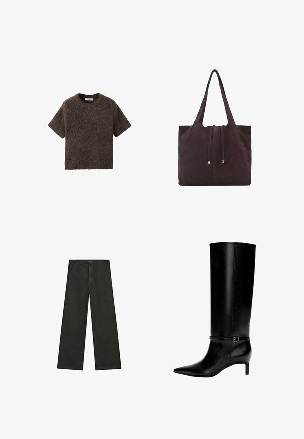 Krótkim rękawem, top z okrągłym dekoltem, wykonany z puszystego, teksturowanego materiału. Kolor ciemnobrązowy z subtelnymi odcieniami. Prosty, prosty krój.; Szerokie czarne dżinsy z średnim stanem, z dwiema przednimi kieszeniami oraz czystym, minimalistycznym designem bez widocznych ozdób.; Czarne skórzane wysokie botki z ostrym noskiem i niskim obcasem. Posiadają wąski pasek z metalową klamrą wokół kostki. Gładka tekstura.; Mango - Torba na zakupy