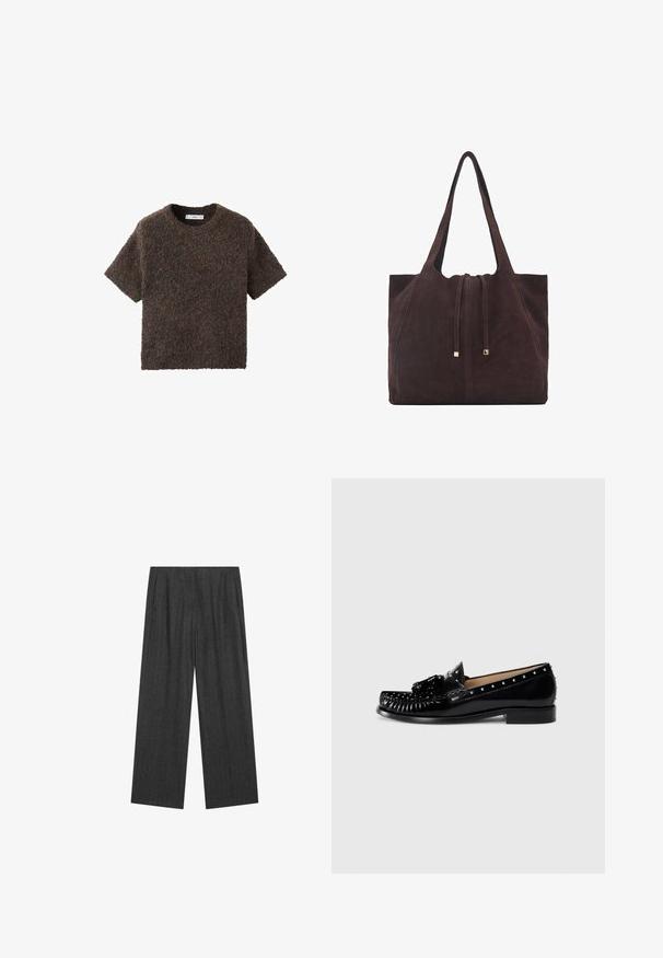 Short-sleeve, crew-neck top in a fluffy, textured material. Color is dark brown with subtle variations. Simple, straight-cut design.; Grey pleated wide-leg trousers made from textured fabric with subtle pinstripes, featuring a high waist and full-length design.; Black leather loafers with decorative stitching, metal studs along the upper, a low heel, and a textured bow accent on the front.; Mango Tote bag - dark brown