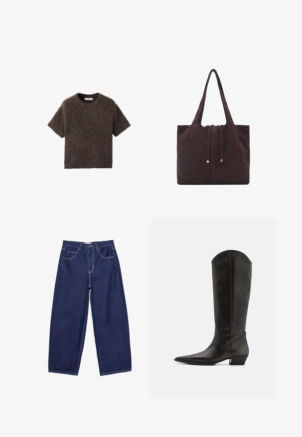Tílko s krátkým rukávem a kulatým výstřihem z měkkého, texturovaného materiálu. Barva je tmavě hnědá s jemnými variacemi. Jednoduchý, rovný střih.; Tmavě modré džínové kalhoty širokého střihu s vysokým pasem, pěti kapsami a kontrastním bílým šitím. Hladký povrch, klasický design.; Černé kožené kozačky po kolena s špičatou špičkou, nízkým blokovým podpatkem a elegantním designem. Svršek má na vrchu mírnou křivku.; Mango Velká kabelka - dark brown