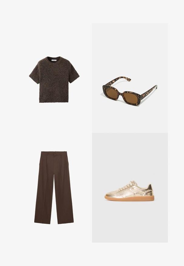 Tílko s krátkým rukávem a kulatým výstřihem z měkkého, texturovaného materiálu. Barva je tmavě hnědá s jemnými variacemi. Jednoduchý, rovný střih.; Hnědé kalhoty s širokými nohavicemi vyrobené z hladkého materiálu, se zvýšeným pasem, přehyby vpředu a dvěma bočními kapsami.; Nízké tenisky s kovově zlatým texturovaným svrškem, béžovými tkaničkami a gumovou podešví, zobrazené z vnější strany na bílém pozadí.; Sluneční brýle ve skořápce želvy s kulatým, širokým rámem a hnědými čočkami. Mají jemné vzory a rovné, zúžené stranice.; Černá kožená kabelka se strukturovaným designem, horním držadlem, odnímatelným popruhem a zlatými detaily na magnetickém uzávěru.
