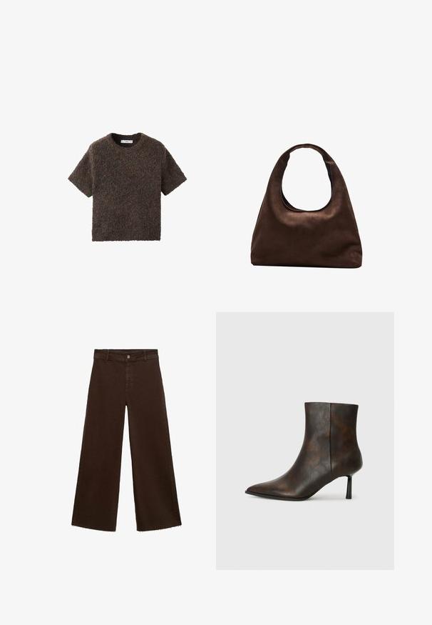 Majica s kratkim rukavima i okruglim izrezom, od pahuljastog, teksturiranog materijala. Boja je tamnosmeđa s suptilnim varijacijama. Jednostavan, ravno krojen dizajn.; Smeđe široke hlače od pamuka, s raspucanim rubom, prednjim kopčanjem na dugme i klasičnim dizajnom s pet džepova. Minimalističke i svestrane.; Smeđi kožni gležnjač s oštrim vrhom, elegantnim dizajnom i tankim crnim potplatom. Teksturom površine s suptilnim uzorkom.; Meka mekana smeđa torba hobo stila s jednim širokim remenom i zakrivljenim otvaranjem na vrhu, prikazana na bijeloj pozadini.