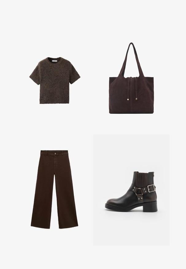 Short-sleeve, crew-neck top in a fluffy, textured material. Color is dark brown with subtle variations. Simple, straight-cut design.; Brown wide-leg trousers in cotton blend, featuring a frayed hem, front button closure, and classic five-pocket design. Minimalistic and versatile.; Black leather ankle boot with a rounded toe, elastic side panels, and a decorative buckle strap. Features contrast stitching and a low heel.; Mango Tote bag - dark brown