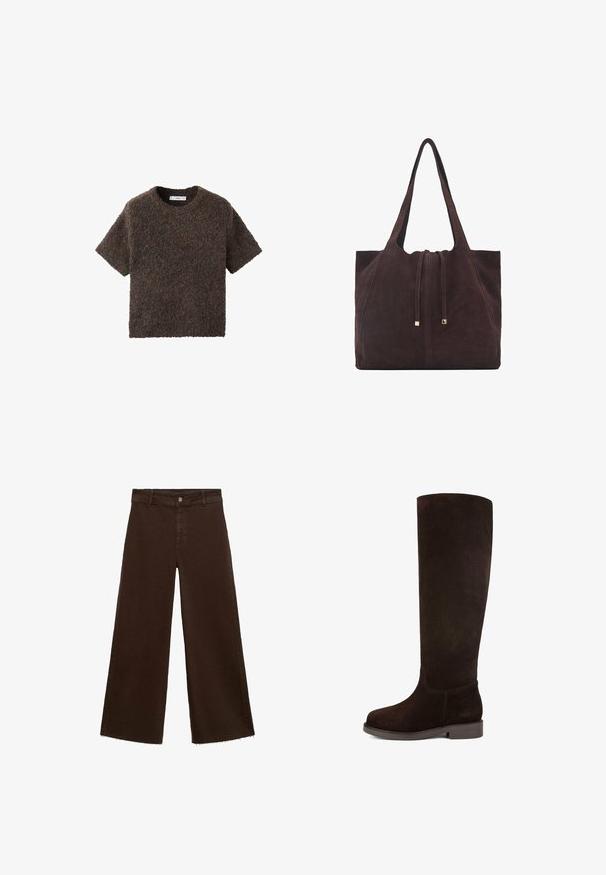 Short-sleeve, crew-neck top in a fluffy, textured material. Color is dark brown with subtle variations. Simple, straight-cut design.; Brown wide-leg trousers in cotton blend, featuring a frayed hem, front button closure, and classic five-pocket design. Minimalistic and versatile.; Brown suede knee-high boot with a round toe, flat sole, and smooth texture. Minimal stitching and a sleek design.; Mango Tote bag - dark brown