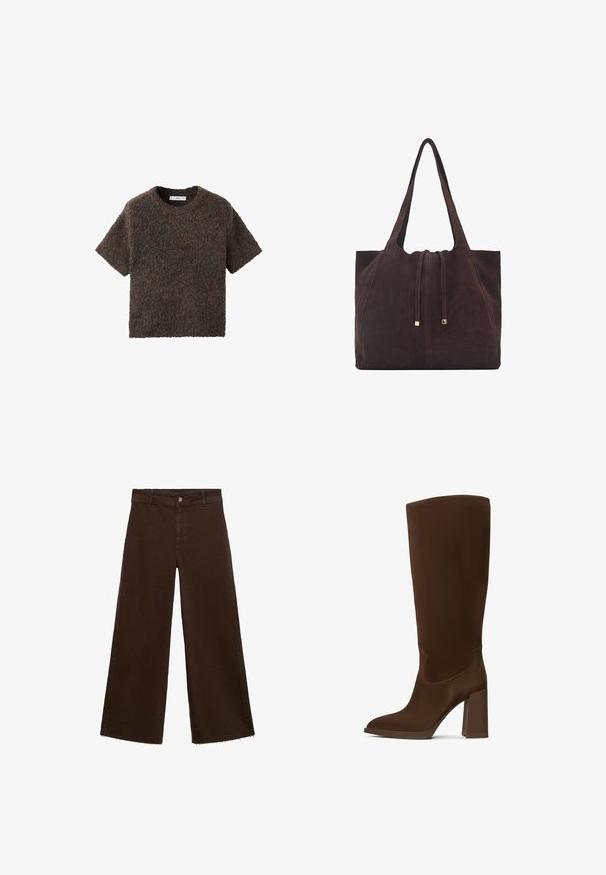 Majica s kratkim rukavima i okruglim izrezom, od pahuljastog, teksturiranog materijala. Boja je tamnosmeđa s suptilnim varijacijama. Jednostavan, ravno krojen dizajn.; Smeđe široke hlače od pamuka, s raspucanim rubom, prednjim kopčanjem na dugme i klasičnim dizajnom s pet džepova. Minimalističke i svestrane.; Smeđi čizmi do koljena izrađeni od glatkog materijala, s oštrim vrhom i četvrtastim potplatom. Šavovi naglašavaju elegantan dizajn.; Mango Velika torba - dark brown