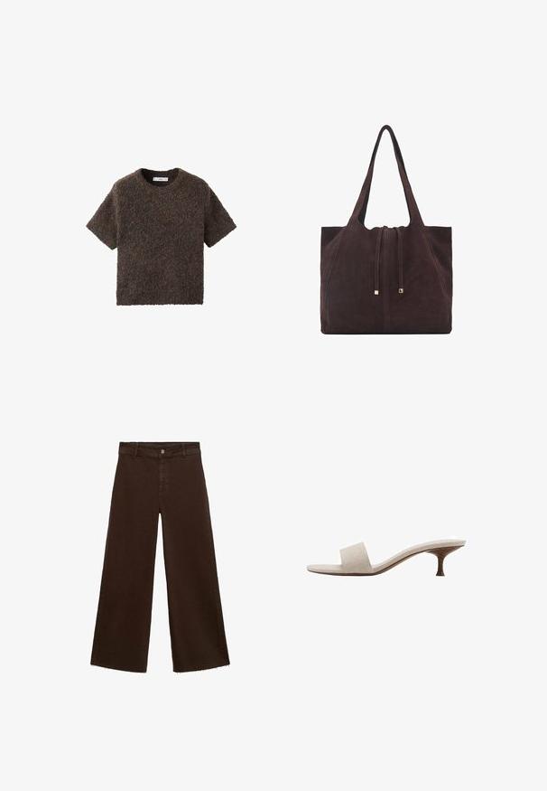 Majica s kratkim rukavima i okruglim izrezom, od pahuljastog, teksturiranog materijala. Boja je tamnosmeđa s suptilnim varijacijama. Jednostavan, ravno krojen dizajn.; Smeđe široke hlače od pamuka, s raspucanim rubom, prednjim kopčanjem na dugme i klasičnim dizajnom s pet džepova. Minimalističke i svestrane.; Sandal bez pete s bež gornjom tkaninom od pletenog materijala, otvorenom petom i zakrivljenim drvenim srednjim džonom. Dizajn se odlikuje glatkom teksturom i minimalističkim oblikom.; Mango Velika torba - dark brown