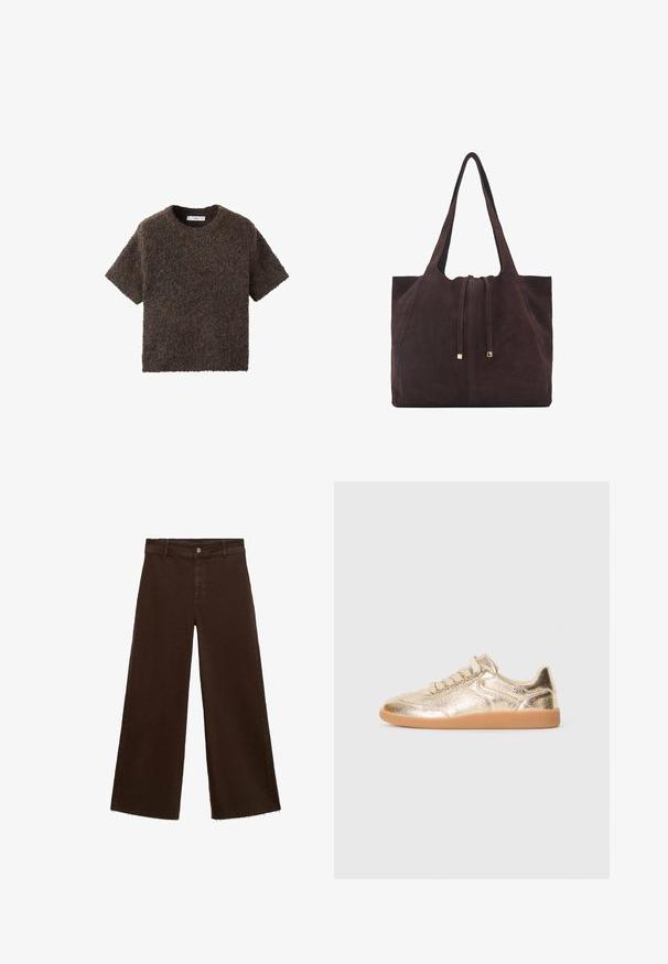 Lyhythihainen, pyöreäkauluksinen paita pörröisestä, tekstuurista materiaalista. Väri on tumma ruskea, jossa on hienovaraisia sävyeroja. Yksinkertainen, suora leikkaus.; Ruskeat leveät housut puuvillasekoituksesta, joissa on revitty helma, etunappikiinnitys ja perinteinen viisi-taskuinen muotoilu. Minimalistiset ja monikäyttöiset.; Alhaisen tason lenkkarit, joissa on metallinhohtoinen kultainen teksturoitu yläosa, beiget nauhat ja kuminen pohja, esitetty ulkopuolelta valkoista taustaa vasten.; Mango Shopping bag - dark brown