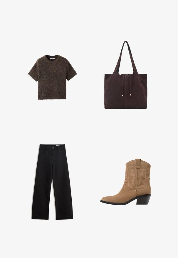 Lyhythihainen, pyöreäkauluksinen paita pörröisestä, tekstuurista materiaalista. Väri on tumma ruskea, jossa on hienovaraisia sävyeroja. Yksinkertainen, suora leikkaus.; Mustat leveät farkut korkealla vyötäröllä, joissa on etu- ja takataskut, ommellut saumat ja nappisuljenta. Silkinoinen rakenne.; Ruskean suède lännen nilkkurit, joissa on teräväkärkinen muotoilu, brodeerattu suunnittelu ja matala, pinottu musta korko. Varustettu vetotapeilla, jotka helpottavat pukemista.; Mango Shopping bag - dark brown