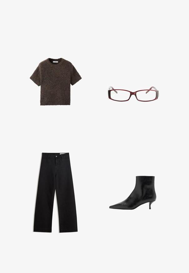 Short-sleeve, crew-neck top in a fluffy, textured material. Color is dark brown with subtle variations. Simple, straight-cut design.; Black wide-leg denim pants with a high waist, featuring front and back pockets, stitched seams, and a button closure. Smooth texture.; Black leather ankle boot with a pointed toe, slim kitten heel, and smooth texture. Simple design, no decorative accents.; Red rectangular eyeglasses with a sleek design. Clear lenses, slightly translucent temples, and a gradient effect from red to gray.