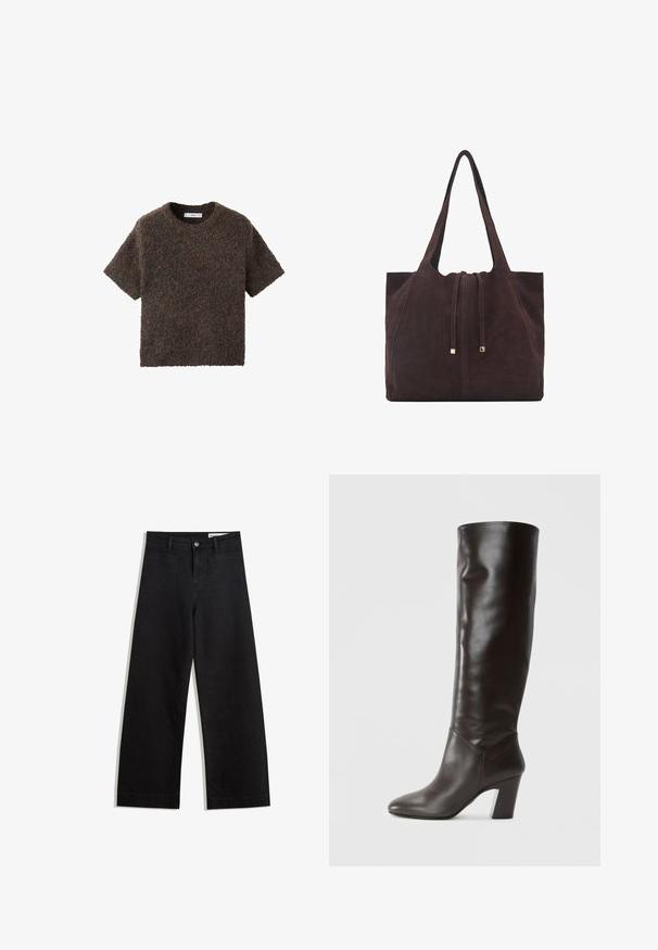Korte mouwen, ronde hals top van een pluizig, textuurrijk materiaal. Kleur is donkerbruin met subtiele variaties. Eenvoudig, recht gesneden ontwerp.; Zwarte denim broek met wijde pijpen en een hoge taille, voorzien van voor- en achterzakken, gestikte naden en een knoopsluiting. Gladde textuur.; Kniehoge, donkerbruine leren laarzen met een gladde textuur, puntige neus en een chunky hak. Beschikt over merkdetails aan de zijkant.; Mango Shopper - dark brown