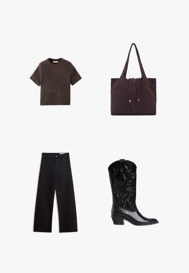 Lyhythihainen, pyöreäkauluksinen paita pörröisestä, tekstuurista materiaalista. Väri on tumma ruskea, jossa on hienovaraisia sävyeroja. Yksinkertainen, suora leikkaus.; Mustat leveät farkut korkealla vyötäröllä, joissa on etu- ja takataskut, ommellut saumat ja nappisuljenta. Silkinoinen rakenne.; Mustat nahkaiset cowboy-kengät, joissa on ommeltuja koristekuvioita, terävä kärki, keskikorkea viistetty korko ja vetonauha varren yläpäässä.; Mango Shopping bag - dark brown