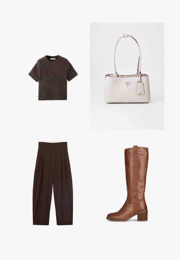 Korte mouwen, ronde hals top van een pluizig, textuurrijk materiaal. Kleur is donkerbruin met subtiele variaties. Eenvoudig, recht gesneden ontwerp.; Bruine high-waisted broek met plooien, gemaakt van soepel materiaal. Loose fit, rechte pijpen, met riemlussen en een ritsluiting.; Bruine leren kniehooglaarzen met een ronde neus, een gestapelde hak en naaddetails langs de zijkanten. Gladde textuur met een rechtopstaand ontwerp.; Beige neplederen handtas met een gladde textuur, dubbele schouderbanden, gouden hardware, een logoplaatje en een aangehechte label.