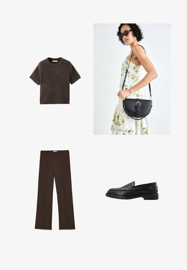 Kratke rokave, majica s krojem okroglega izreza iz puhastih, teksturiranih materialov. Barva je temno rjav s subtilnimi variacijami. Preprost, ravno krojen dizajn.; Rjave, široke hlače iz gladkega materiala; vsebujejo sprednje nabore in standardni pas. Minimalističen dizajn brez vidnih zaponk.; Črne usnjene loaferske čevlje z okroglo konico, podrobnostjo sprednjega trakca in ravnim gumijastim podplatom. Gladka tekstura z minimalnimi šivi.; Črna usnjena torbica s ukrivljeno obliko, z odstranljivo naramnico in zlatimi dodatki. Torbica ima pokrov s podrobnostmi v obliki zaponke.