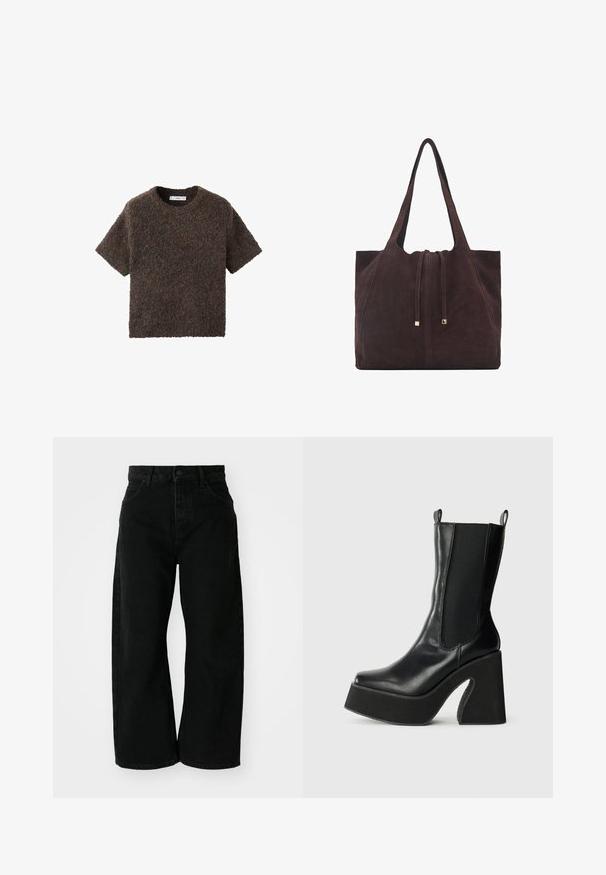 Top cu mâneci scurte și guler rotund, realizat dintr-un material pufos și texturat. Culoarea este un maro închis cu variații subtile. Design simplu, cu o croială dreaptă.; Jeans negri cu croială largă, din denim, cu talie înaltă. Au cinci buzunare și închidere cu nasture în față. Textură netedă și linii curate.; Cizme negre din piele până la gleznă cu panouri elastice pe laturi, vârf ascuțit și toc gros cu detalii tăiate curbat.; Mango Geantă de pânză - dark brown