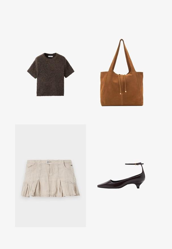Top a maniche corte, con scollo rotondo, realizzato in un materiale soffice e textures. Il colore è marrone scuro con leggere variazioni. Design semplice e dritto.; Gonna mini in lino beige con design plissettato, chiusura frontale con bottoni e due tasche laterali. Presenta una leggera texture e uno stile casual.; Scarpa in pelle marrone scuro con punta a punta, tacco kitten sottile, cinturino alla caviglia e piccola fibbia dorata.; Borsa a tracolla in suede marrone con due lunghe cinghie, chiusura con cordoncino e design minimalista. Texture liscia e senza elementi hardware visibili.