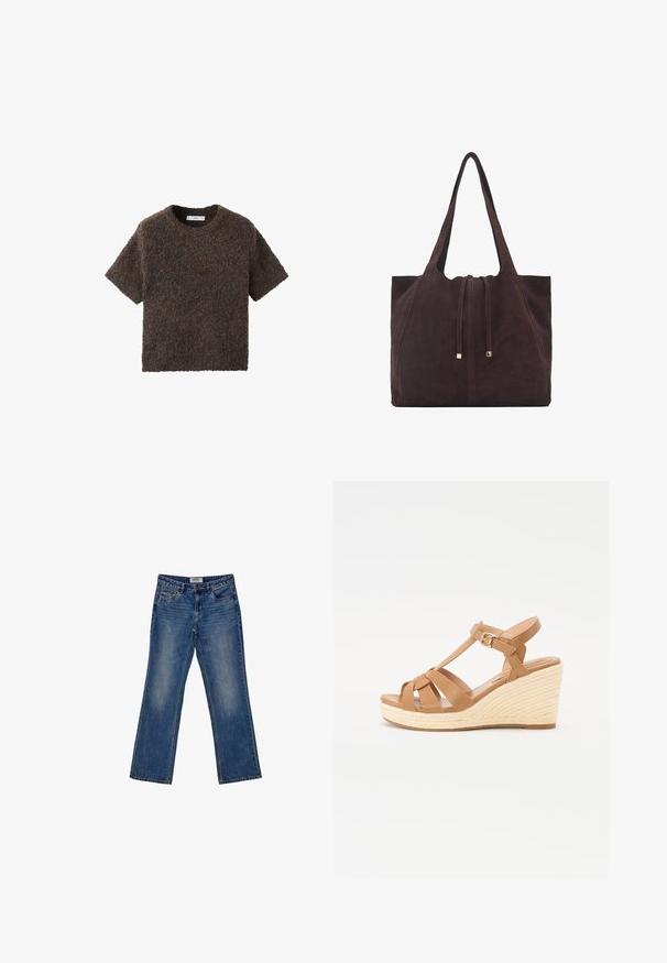 Kratke rokave, majica s krojem okroglega izreza iz puhastih, teksturiranih materialov. Barva je temno rjav s subtilnimi variacijami. Preprost, ravno krojen dizajn.; Istrošeni modri jeans z ravnim krojem, petimi žepi in diskretnim postranskim nagubanim izgledom na sprednji strani. Zapenjanje z zgornjim gumbom in zadrgo.; Sandalice z večjim peto v bež barvi z navzkrižno naramnicami, nastavljivim paščkom okoli gležnja in teksturirano pleteno espadrillo-stil peto.; Mango Torba za nakupovanje - dark brown