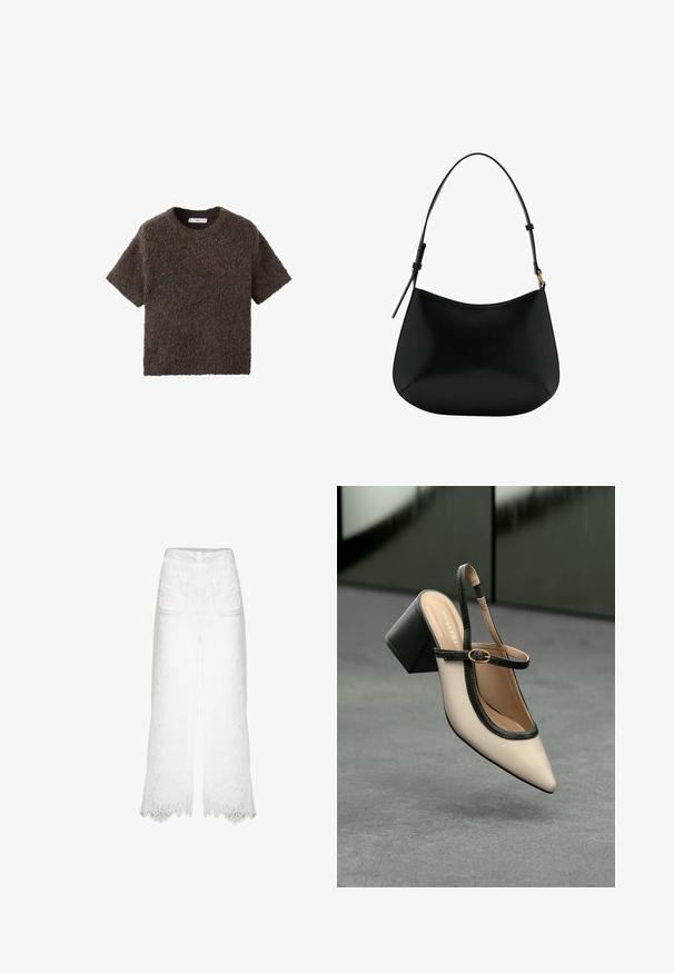 Korte mouwen, ronde hals top van een pluizig, textuurrijk materiaal. Kleur is donkerbruin met subtiele variaties. Eenvoudig, recht gesneden ontwerp.; Witte hoge taille broek met wijde pijpen van gestructureerde kant, voorzien van twee voorzakken en een gekartelde zoom. Inclusief een soepele tailleband met een kleine logo-accent.; Beige puntige slingback schoen met zwarte rand, gouden gesp en een chunky blokhak op een grijze vloer met een donker groene achtergrond.; Zwarte leren schoudertas met een gladde textuur, gebogen vorm en verstelbare hengel. Heeft minimale stiksels en een eenvoudig ontwerp.