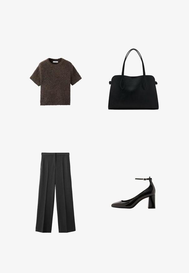 Tílko s krátkým rukávem a kulatým výstřihem z měkkého, texturovaného materiálu. Barva je tmavě hnědá s jemnými variacemi. Jednoduchý, rovný střih.; Tmavě šedé široké kalhoty vyrobené z texturované tkaniny, s plochým pasem, dvěma předními kapsami a sklady.; Černé lakované lodičky s ankletovým páskem, lesklým povrchem, špičatou špičkou a silným blokovým podpatkem. Hladký povrch, minimální detaily.; Černá kožená kabelka s dvojitými ramenními popruhy, obdélníkový tvar a minimalistický design na bílém pozadí.