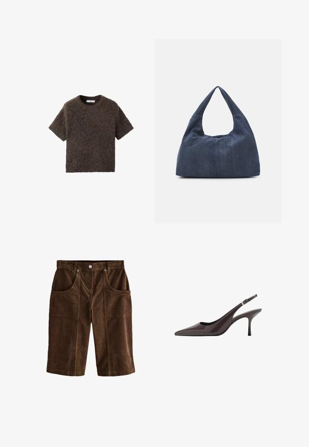 T-shirt à manches courtes, col ras du cou, en matériau moelleux et texturé. Couleur marron foncé avec des variations subtiles. Design simple et droit.; Shorts en velours côtelé marron présentant un motif rayé vertical texturé, deux poches avant et une fermeture à bouton à la taille.; Talons aiguilles slingback en cuir verni marron foncé, avec un talon haut élancé et une sangle de cheville réglable avec une boucle.; Sac en denim bleu foncé avec une forme douce et flasque, doté d'une anse de style hobo et d'une surface texturée. Aucune accent matériel visible.