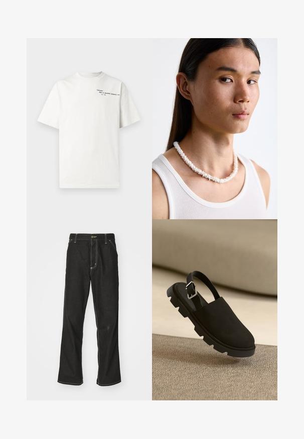 Tricou alb din bumbac cu mâneci scurte, decolteu rotund și text negru imprimat pe piept cu inscripția "Carhartt Work in Progress 1989."; Jeans negri din denim, cu o croială largă, cu cusături albe contrastante, închidere cu nasture și un design cu picior drept.; Pantof de damă din nabuc negru, cu toc slingback, cu talpă groasă și texturată și detaliu cu cataramă argintie. Design elegant, cu un stil minimal, plutind deasupra unei suprafețe texturate.; Colier din scoici albe compus din forme neregulate, purtat peste un top alb ajustat. Textură netedă cu o ușoară strălucire, design strâns.