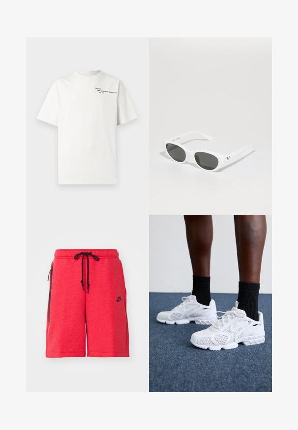 Valge puuvillane t-särk lühikeste varrukate, ümar kaelusega ja musta trükitekstiga rinnal, kus on kirjas "Carhartt Work in Progress 1989."; Punased spordilühikesed püksid pehmest kangast, millel on kinnitusnööriga vöö, küljetaskud ja must Nike logo ees.; Valged spordijalatsid, millel on võrkmaterjalist pealne, tekstuuriga detailid ja pehme tallaga. Koos mustade ribadena sokkidega sinisel vaipkattega pinnal.; Valged prillid ümarate raamidega ja tumedate läätsedega. Omab siledat plastikutekstuuriga ja väikest logo tempel.