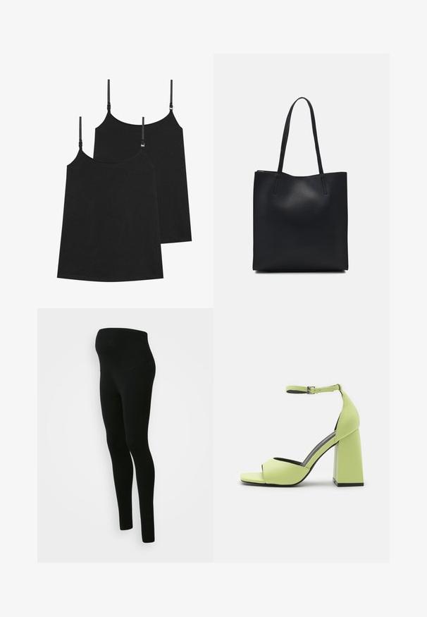 Juodos šilkinės maikutės su reguliuojamomis petnešėlėmis, pagamintos iš glotnaus audinio, turinčios paprastą dizainą ir tiesią apatinę dalį, parduodamos dviejų rinkiniu.; Juodos nėštumo legginsai su aukštu, palaikančiu juosmeniu, lygaus paviršiaus, prigludusia apykakle ir be matomų raštų ar puošybos.; Even&Odd Aukštakulniai sandalai - light green; Juodas odinis tote krepšys su lygia tekstūra, stačiakampio formos ir dviem ilgais rankenomis. Matomų metalinių detalių ar puošybos nėra.