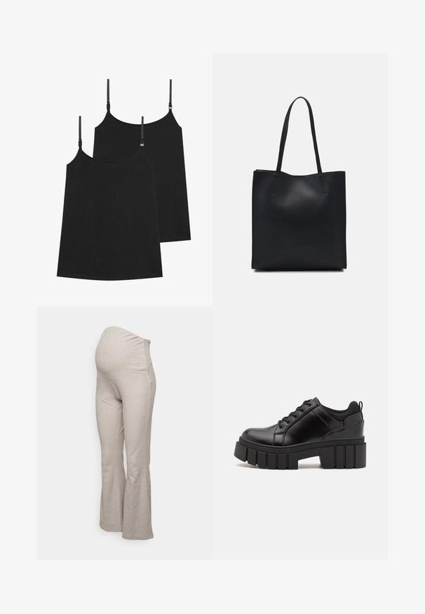 Melnas kamzolveida blūzes ar regulējamām siksnām, izgatavotas no gludas auduma, ar vienkāršu dizainu un taisnu apakšmalu, piedāvātas divu komplektā.; Gaidību platās bikses gaiši pelēkā ribota audumā, ar atbalstošu jostasvietu un brīvu piegulšanu kājām.; Melnas ādas platformas kurpes ar masīvu bloku papēdi, apaļu purngalu un tradicionālu saistīšanas dizainu. Izceļas ar gludu tekstūru un minimālu apdari.; Melnas ādas somiņa ar gludu tekstūru, taisnstūra formu un divām garām rokturiem. Nav redzamu aparatūras vai rotājumu.