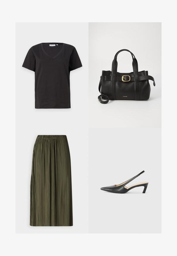 Fekete pamut póló V-nyakkal és rövid ujjakkal. Egyszerű dizájn, normál fazon, minta vagy díszítés nélkül.; Olíva zöld, redőzött szoknya rugalmas derékrésszel. Az anyag sima textúrájú, hossza mentén függőleges redőkkel.; Fekete, hegyes orrú, slingback cipő alacsony sarkával, sima bőrből készült, oldalt kivágott deisgnal a légáteresztőképesség érdekében.; Fekete bőr kézitáska, amely strukturált kialakítással rendelkezik, dupla felső fogantyúval, arany tónusú csattal és a márka dombornyomott logójával az elején.