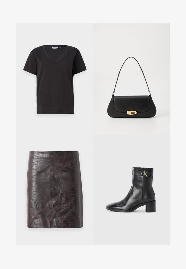Sort bomulds T-shirt med V-hals og korte ærmer. Enkel design med regular fit og ingen mønstre eller accenter.; Krokodillepræget kort skørt i mørkebrun, med en glat tekstur og en tætsiddende silhuet med en let udsving ved kanten.; Sort læder ankelstøvle med spids tå, blokhæl og en rem med en metallisk logo detalje. Glat tekstur og minimalistisk design.; Sort læderhåndtaske med et buet design, guldfarvet hardware og en øverste håndtag. Har en strømlinet lukning og en glat tekstur.