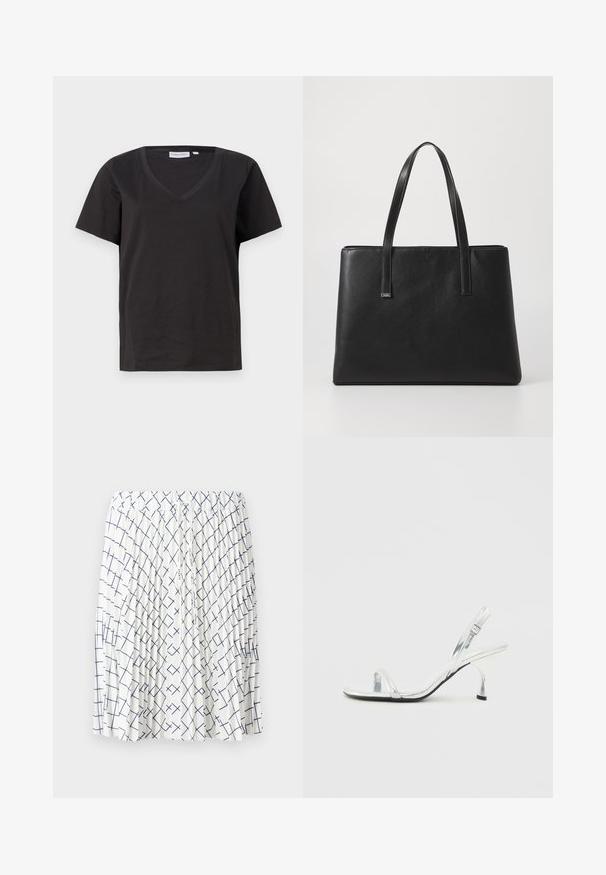 Black cotton T-shirt with a V-neck and short sleeves. Simple design with a regular fit and no patterns or accents.; White skirt with a pleated design, featuring a navy blue geometric pattern of intersecting lines. Elastic waistband with drawstring detail.; Silver patent leather slingback high heel sandal with a narrow toe strap, adjustable buckle, and a slender heel.; Black leather tote bag with two long handles, rectangular shape, textured surface, and minimalistic design. No visible hardware or accents.